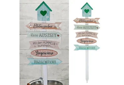 CEPEWA Gartenstecker Gartenschild Wegweiser Holzschild 76cm grün rosa 5 Planken Vogelhaus