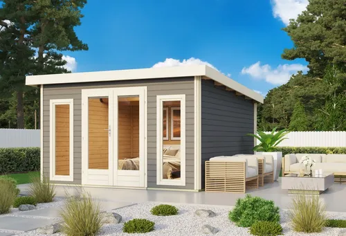 Gartenhaus RATZEBURG 2 terragrau 369x369cm - Hochwertiges Gartenhaus aus Holz mit 40mm Wandstärke, ideal für Gartenlagerung und kreative Rückzugsorte, Farbe: terragrau.