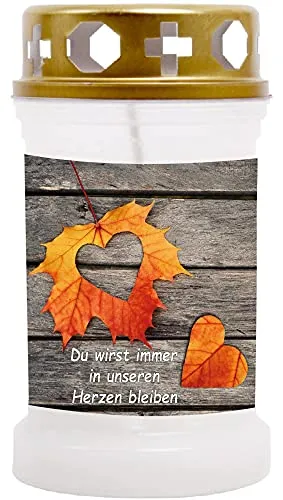 HS Candle Grabkerze Grablicht (Laub Herz) - ca 40h Brenndauer je Kerze (14,5cm, Ø 7cm) - viele Verschiedene Designs