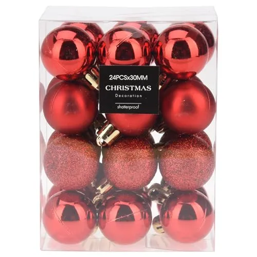 Mini Baumkugeln Ø 3 cm zum Hängen - Bruchsicher -Baumschmuck Kunststoff für Innen und Außen - Kleine Christbaumkugeln (Rot (Glanz + matt + Glitzer)) 24 x