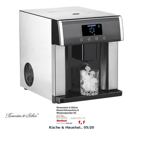 Rosenstein & Söhne Eismaschine: Eiswürfelmaschine & Wasserspender V2 - Eiswürfelmaschine & Kaltwasserspender in einem, produziert 10 kg Eis pro Tag und bietet 3 Eiswürfelgrößen. Ideal für Partys und heiße Tage mit hygienischer Bedienung und direktem Wasseranschluss.