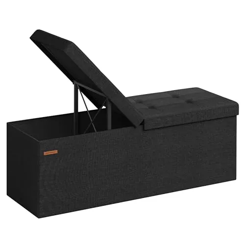 SONGMICS Sitzbank mit Stauraum, klappbare Sitztruhe, Aufbewahrungsbox, 38 x 110 x 38 cm, Deckel klappbar, bis 300 kg belastbar, für Flur, Wohnzimmer, Schlafzimmer, tintenschwarz LSF076B01