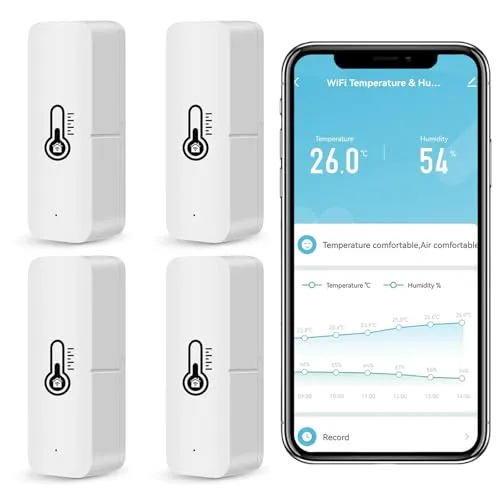 WiFi Thermometer Hygrometer Innen, Mini Thermometer Raumthermometer mit App Fernbedienung, Temperatur Luftfeuchtigkeitmessgerät mit Datenspeicherung für Gewächshaus, Kompatibel Alexa Google Home 4PCS