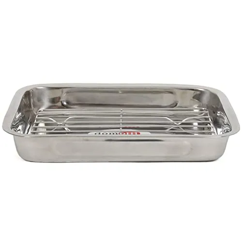 DOMOTTI Bräter mit Rost 30 x 22 x 5 cm Ofenform Backform Edelstahl Auflaufform mit Gitter Grill silber rechteckig