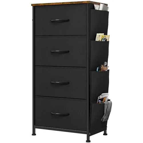 YITAHOME Kommode, 4 Stoffschubladen mit Griffen, Aufbewahrungsschrank mit Haken, Schubladenschrank mit Seitentaschen, Schrank,Metallgestell,stoffkommode für Schlafzimmer,Wohnzimmer,Flur,Büro,schwarz