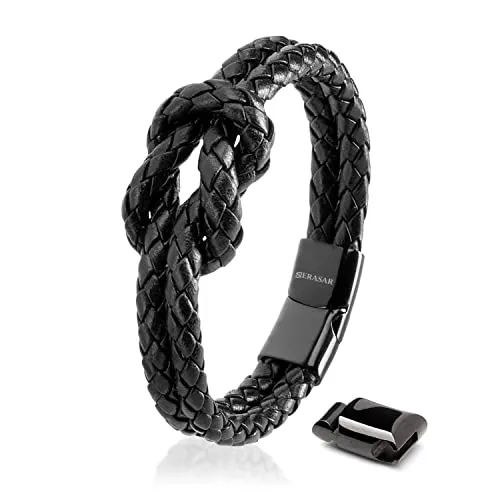 SERASAR Leder Armband Damen Schwarz 18cm - Armbänder für Damen, aus echtem Kalbsleder mit elegantem Knoten-Design und hochwertiger Schmuckschachtel – das perfekte Geschenk für Ihre Liebsten!