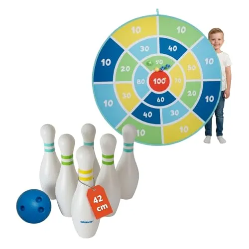 alldoro 68777 XXL Dart & Bowling Set für Kinder, Dartscheibe Ø 142 cm mit Klettbällen + Bowling mit 42 cm Pins, Indoor & Outdoor Wurfspiele, inkl. Tragetaschen, ab 3 Jahre