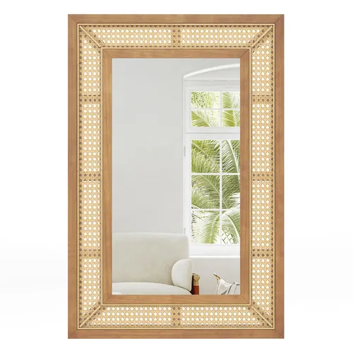 Dekorativer Wandspiegel mit Holzrahmen - Eleganter Hängespiegel in rechteckiger Form, ideal für Ihr Badezimmer. Der braune Holzrahmen verleiht jedem Raum einen besonderen Charme. Maße: 60 x 90 cm, einfache Wandmontage.