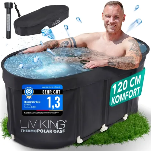 LIVIKING® Faltbare Badewanne & Eisbad - 120cm KOMFORT - Badewanne für Erwachsene, ideales Komplettset mit ThermoPolar Isolierung für entspannende Eis- und Warmbäder unterwegs, einfach zu montieren und platzsparend faltbar.