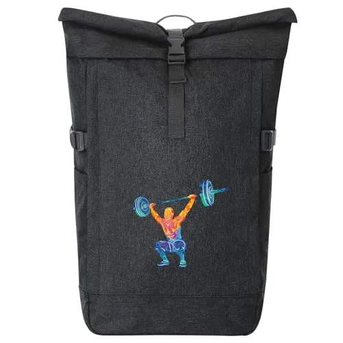 Huuraa Kurierrucksack Gewichtheber Powerlift bunte Silhouette 30-44 Liter Black Melange Fairtrade Rolltop Rucksack Geschenkidee