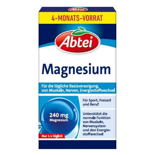 Abtei Magnesium Kapseln – Basisversorgung für den Alltag – Gluten- und laktosefrei – Vorratspackung mit 120 Kapseln