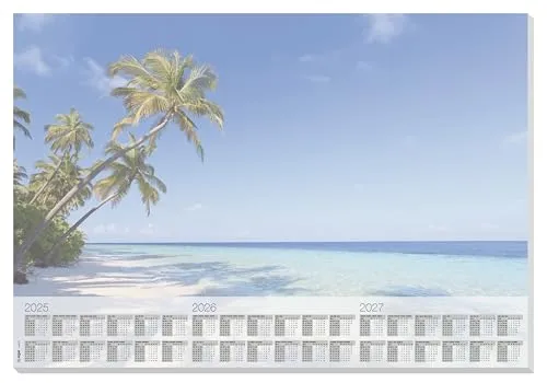 SIGEL HO470 Papier-Schreibtischunterlage DIN A2 - 30 Blatt mit 3-Jahres-Kalender, vegan und nachhaltig mit schönem Strand-Design