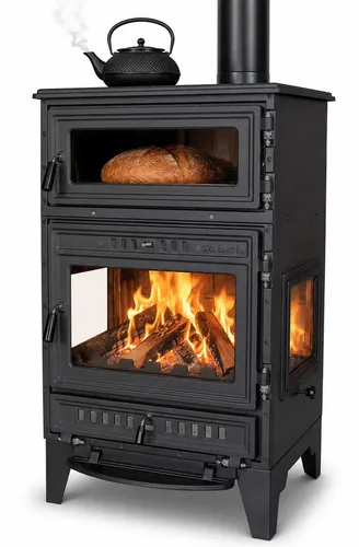ECOfoxx Kaminofen Panorama-Kaminofen mit Backfach und Herdplatte S107-3D, 15,87 kW