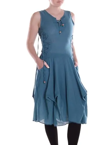 Vishes Alternative Bekleidung - Damen knielanges Kleid Baumwolle Casual verstellbares Kleid im Lagen-Design mit Taschen türkis 38