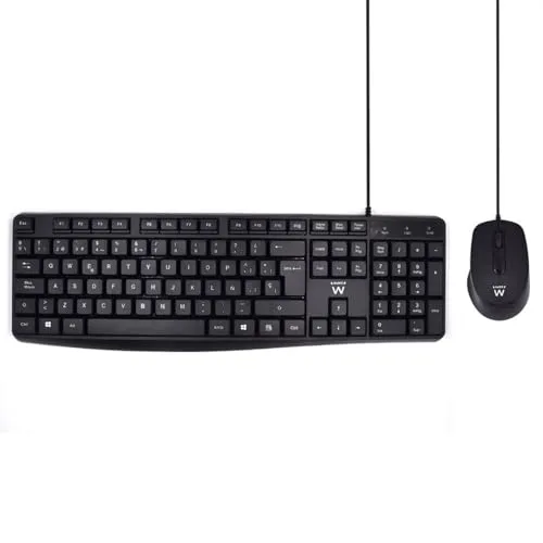 Ewent EW3006 Tastatur mit Maus – Ergonomisches Design - Tastatur und Maus Combo, kabelgebunden mit 1000 DPI optischem Sensor. Ideal für Büroarbeiten mit ergonomischem Design und anpassbarer Höhe.