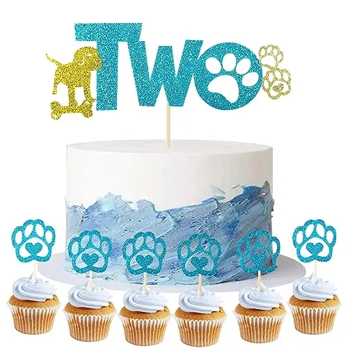 Yitla Hunde Geburtstag Kuchen Deko: 11 Stück, Hunde Paw Cupcake Deko, 6x16cm & 5cm, Blitzkarton, Blau, Babyparty, Hundedeko