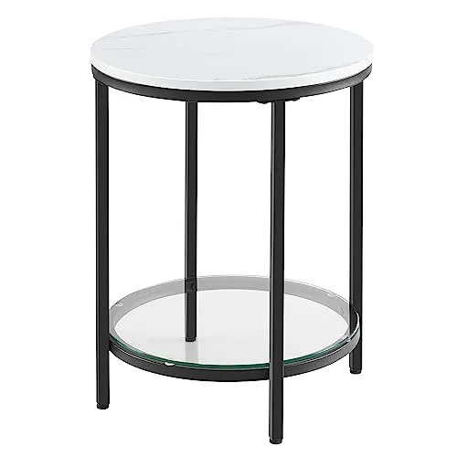 VASAGLE Beistelltisch, Nachttisch mit 2 Ebenen, Holzspanplatte, Hartglas, für Wohnzimmer, Arbeitszimmer, kleine Räume, modern, marmorweiß-tintenschwarz LET285B13