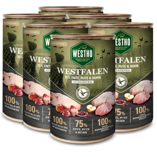 WESTHO Nassfutter Westfalen (6 x 400g) | 75% WILDENTE, PUTE & Huhn | Getreidefrei | Leicht verdaulich und bekömmlich| Schonkost