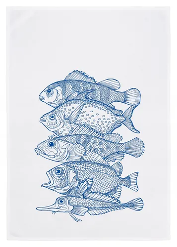 Geschirrtuch 17;30 Baumwolle Küchentuch Handbedruckt 5 Fische Neon Blau Maritim