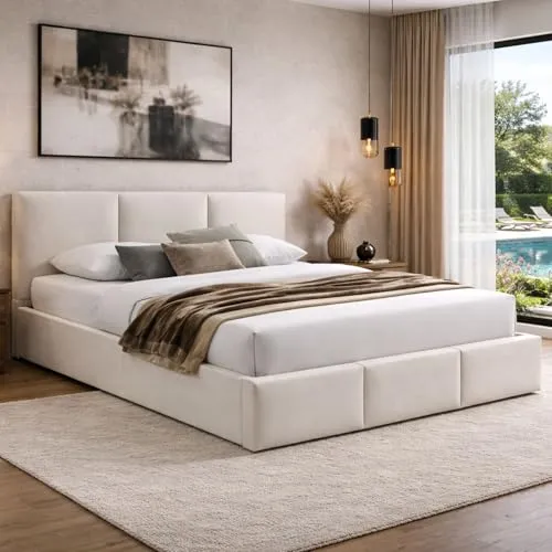 Home Collective Polsterbett Doppelbett 160x200 cm Samt beige mit Stauraum - Stylisches Polsterbett in Beige mit hydraulischem Stauraum. Ideal für eine elegante Schlafzimmergestaltung und optimale Platzausnutzung. Inklusive stabiler Metallkonstruktion und bequemem Holzlattenrost.