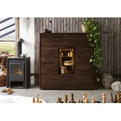 Highboard Akazie 145x40x153 dunkelbraun BARK #207 mit LED - Rustikales Highboard aus Akazienholz mit 8 Innenfächern und 3 offenen Regalen. Die stilvolle LED-Beleuchtung setzt Ihre Dekoration perfekt in Szene und ergänzt die BARK Serie ideal.