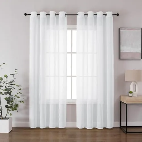 CUCRAF Voile Vorhang Leinenoptik Weiß Gardinen mit Ösen Gardine Halbtransparent für Schlafzimmer Wohnzimmer H245 x B140cm 2er Set