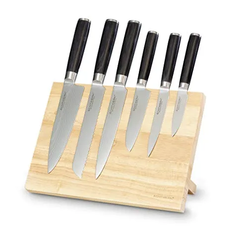 Echtwerk Damastmesser Set 7tlg - Hochwertige Küchenmesser mit Magnet-Messerblock - Küchenmesser Set mit 7 Teilen, inklusive Brotmesser und Santoku-Messer, aus langlebigem Damast-Stahl für präzises Schneiden und stilvolle Aufbewahrung.