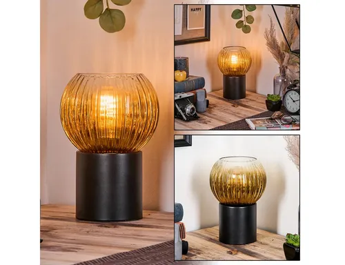 Hofstein Tischleuchte im Retro-Design aus Metall und Riffelglas - Elegante Tischlampe für den Innenbereich, ideal für Arbeitszimmer oder Wohnzimmer. Mit ihrem goldfarbenen Glasschirm und der kompakten Bauform setzt sie stilvolle Akzente.