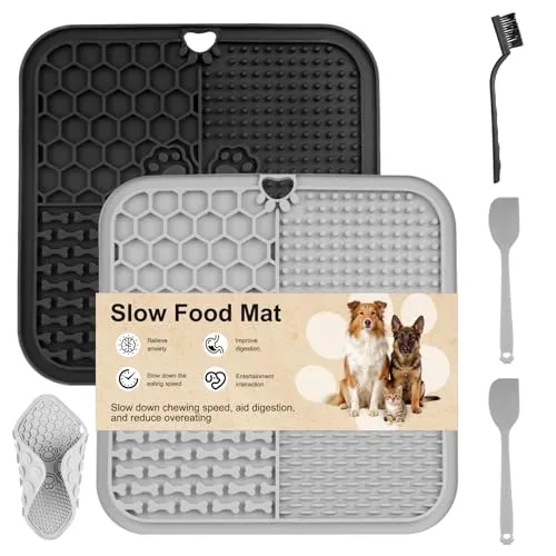 STK Schleckmatte Katze, 20x20 cm Leckmatte Hund Schleckmatte Hund mit Saugnäpfen, Futtermatte für Butter, Joghurt Hundespielzeug, zur Langsames Essen, mit Spatel/Bürste 2