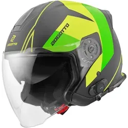Bogotto V586 Detri BT Bluetooth Jethelm, schwarz-grün, Größe M - Motorradhelm mit integrierter Bluetooth-Technologie für sicheres Fahren und Musikgenuss, ECE 22.05 zertifiziert, ideal für stilbewusste Männer.