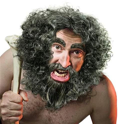 Perücke & Bart + Augenbrauen Urmensch | Neandertaler | Waldschrat | Einsiedler in grau/dunkelgrau zum Karneval bzw. Fasching