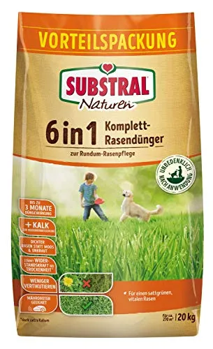 Substral Naturen 6in1 Komplett-Rasendünger - 20 kg für 270 m² - Dünger mit Sofort- und Langzeitwirkung für dichten, grünen Rasen. Optimal für ganzjährige Pflege, verbessert das Bodenleben und reduziert Rasenfilz. Ideal für Mähroboter und Streuwagen.