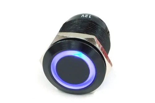 Phobya Vandalismus/Klingeltaster 19mm Aluminium schwarz, blau Ring beleuchtet 6pin Wasserkühlung Überwachung