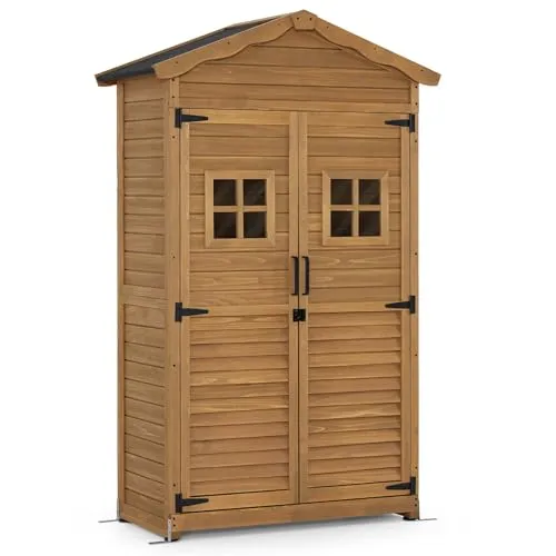 MCombo Gerätehaus M Gartenschrank - 57×109×180 cm aus Tannenholz - Geräteschuppen aus hochwertigem Tannenholz, mit 2 Fenstern und 2 Einlegeböden, ideal für die Aufbewahrung im Garten und wetterfest.