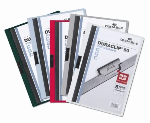 Durable Klemmhefter 2209-00 Duraclip A4, 25er Set - Register für A4 Unterlagen, 60 Blatt Fassungsvermögen, aus PP-Hartfolie mit farbigem Rückenteil, ideal für die sichere Aufbewahrung ungelochter Dokumente, Made in Germany.