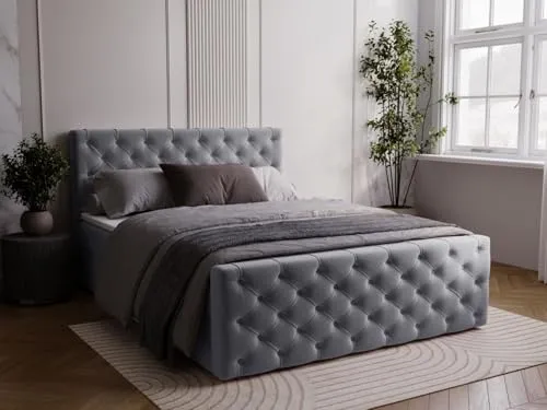 GRAINGOLD Montego Bett 160x200, Boxspringbett mit Bettkasten, Polsterbett mit Bonell-Matratze, Samt Stoff, mit Topper, mit Kopfteil (Grau, 160x200)