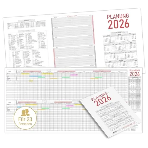 TOBJA Urlaubsplaner 2026 Mitarbeiter Zick-Zack - [63 x 30 cm] Urlaubskalender Dienstplan Kalender | Für die Urlaubsplanung 25 mit Jahresübersicht 2027 und Ferienkalender