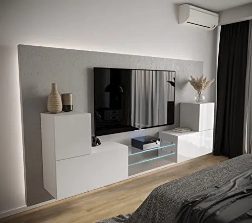 Furnitech Wohnwand Wohnzimmer | Wohnzimmer Möbel mit LED RGB - 16 Farben | Hängend Wohnwand Modern | Wohnzimmer Schrankwand mit Regale und TV Schrank (AN96-21W-HG2 1A)