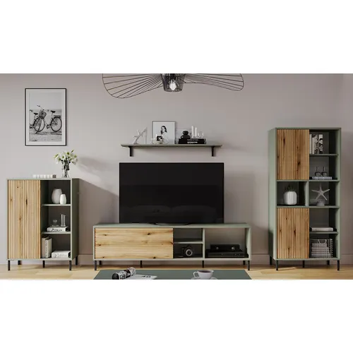 Lomadox Wohnzimmer-Set PARMA-129 – Mega-Spar-Set in Grau-Grün - Praktisches 4-teiliges Set für Ihr Wohnzimmer: TV-Lowboard, Wandpaneel, Kommode und Regal. Mit griffloser Öffnung und eleganter Eiche Nb. für modernes Wohnen. Selbstmontage erforderlich.