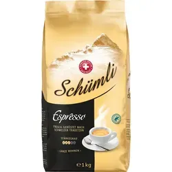 Schümli Espresso Bohne 1kg - Hochwertige Kaffeebohnen für perfekten Genuss - Kaffee mit einer edlen Mischung aus Arabica- und Robusta Bohnen. Ideal für Vollautomaten und Filteraufguss. Intensität 3 von 5 für kräftigen, aromatischen Genuss.