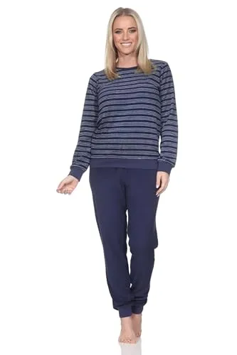 Normann Damen Frottee Schlafanzug mit Bündchen in Navy - Größe 48-50 - Kuscheliger Damen Langarm-Schlafanzug aus hochwertigem Frottee, ideal für kalte Nächte. Mit praktischen Bündchen für optimalen Sitz und Komfort. Elegante Streifenoptik, auch in Übergrößen erhältlich.