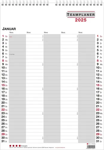 GÜSS Kalender Jahresplaner Teamplaner 29,7x42cm bis 5 Personen Kalendarium 2026