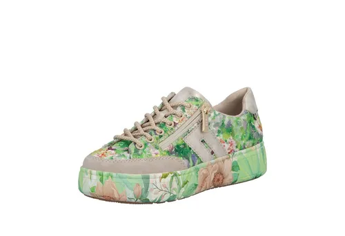 Rieker Damen Sneaker Grün Beige Gr. 43 - Trendige Rieker Sneaker mit floralem Design, Reißverschluss und Schnürung für optimalen Halt. Die leichte Plateausohle und die herausnehmbare Einlegesohle bieten hohen Komfort beim Tragen.