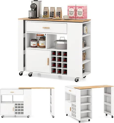 GOPLUS Kücheninsel mit Bartisch, Küchenwagen mit drehbarer Tischplatte, offenen Regalen, Weinregal, Schublade & Schrank, Servierwagen mit Rädern, 120 × 40 × 100 cm, Weiß