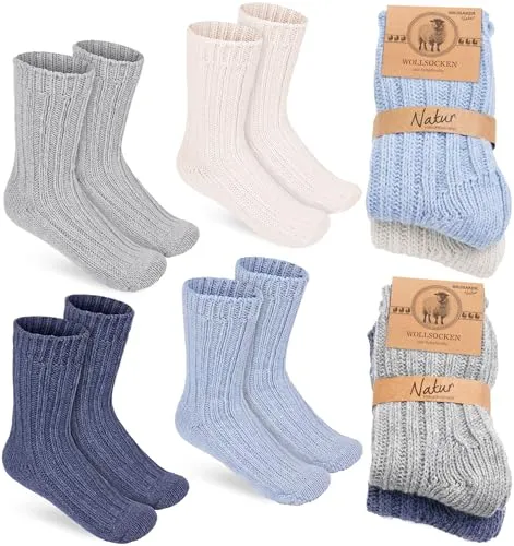 BRUBAKER 4 Paar Kinder Wollsocken - Warme Wintersocken für Jungen und Mädchen - Flauschiges Socken Set mit Schafwolle - Winter Kindersocken - Dunkelblau, Grau, Blau und Beige - Größe 27-30