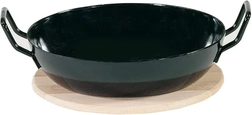 Schlemmerpfanne Emaille Servierpfanne mit Holzteller Induktion Pfanne mit Brett