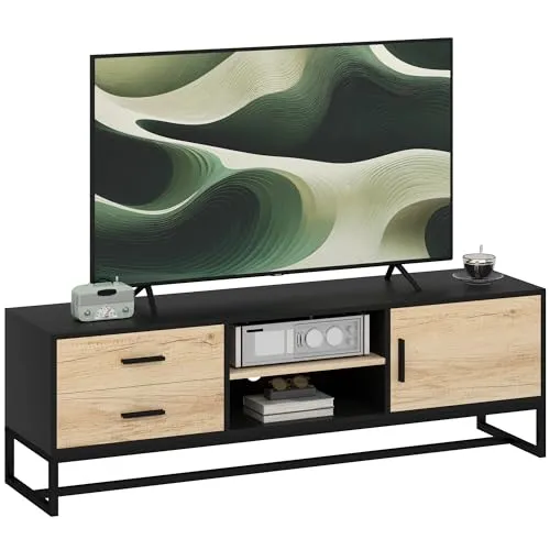 HOMCOM TV Schrank mit Schrankfach und Schubladen - TV-Halterungen: Elegantes TV-Board mit Stauraum und Kabelmanagement für Fernseher bis 60 Zoll, ideal für ein modernes Wohnzimmer.