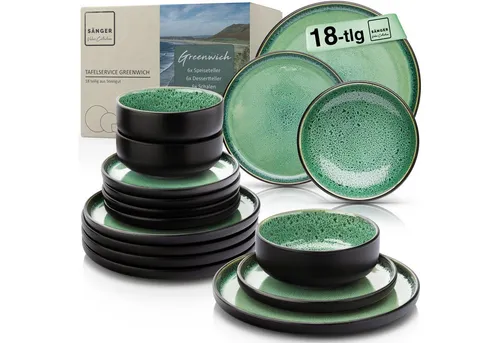SÄNGER Greenwich Steingut Geschirr Set 18 tlg - Tafelservice für 6 Personen mit kratzfester Oberfläche und stilvollem Design in grün mit schwarzem Rand – ideal für Alltag und besondere Anlässe.
