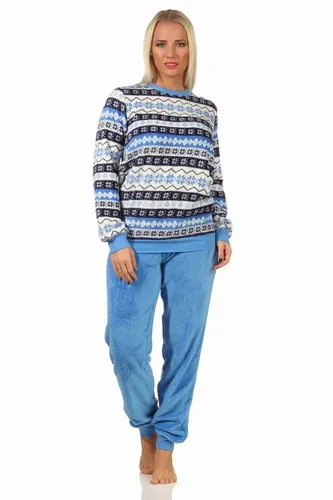 Normann Damen Pyjama im Norwegerlook aus Coralfleece - Herren-Nachtwäsche, bequemer Schlafanzug in blau mit Norweger-Motiv aus weichem Coralfleece, ideal für gemütliche Nächte.