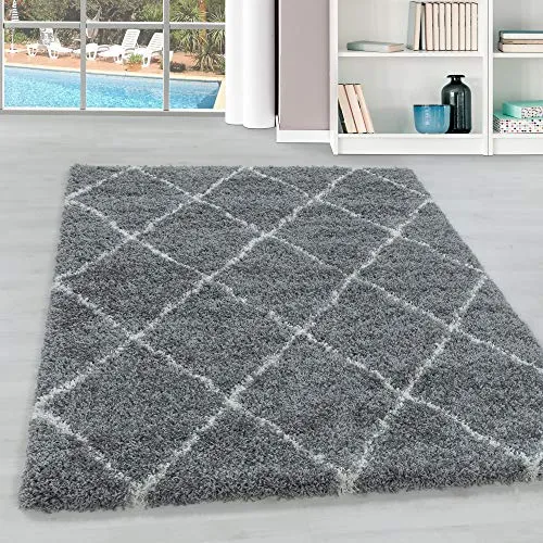 Hochflor Wohnzimmer Teppich Modern Deko Geometrisch Design Flauschiger & Weicher Langflor Shaggy Rechteckig Teppich Schlafzimmer Farbe: Grau, Grösse: 140 x 200 cm